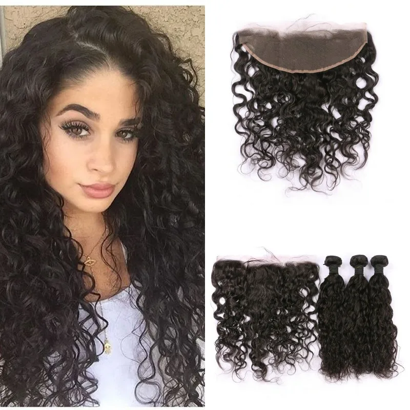 

Peruvian Water Wave Human Hair Weaves 13x4 Ear To Ear Bleached Knots Lace Frontal With 3Bundles, Natural #1b 2 4 6 613 blonde ombre jet black remy with baby hair bangs