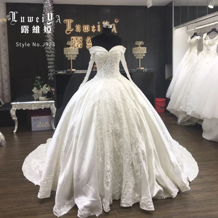 Custom Made Plus Size White Long Sleeve Crystal Lace Applique