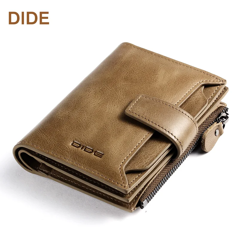 

DIDE fashion genuine leather RFID mens money clip wallet with zipper and hasp, Khaki/ dark brown/ customize