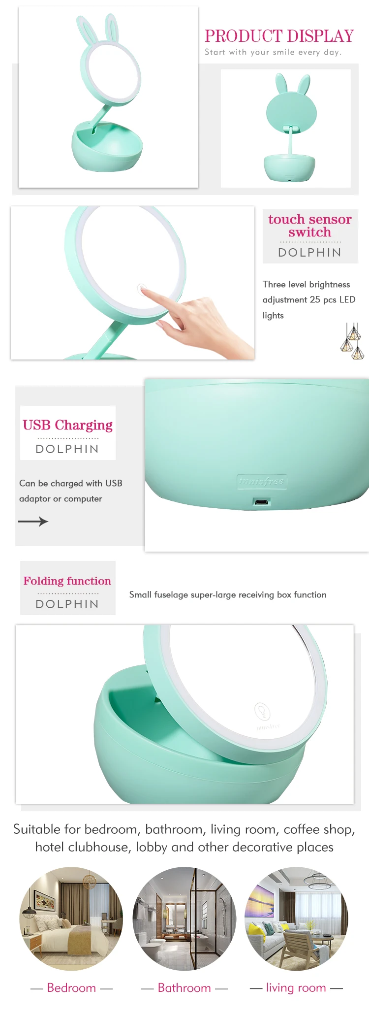 2020 Amazon Hot Selling Professional Design Rabbit shape Bathroom Light Smart Touch Vanity 16 Led Plastic Makeup Mirror