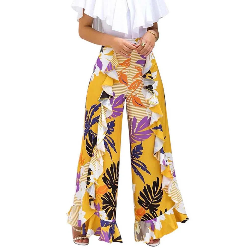 

Women's Summer Boho Ruffle High Waist Floral Print Beach Pants Wide Leg Pants