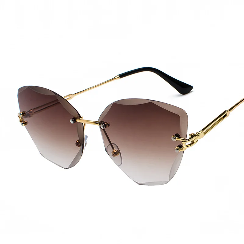 

wholesale ocean gradient color cutting lens rimless sun glasses women fashion shades cateye sunglasses