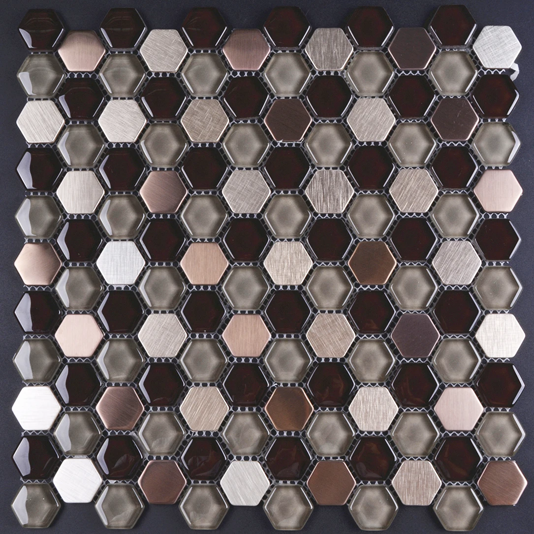 Brown color hexagon metal glass mosaic tile stainless steel mosaic wholesale