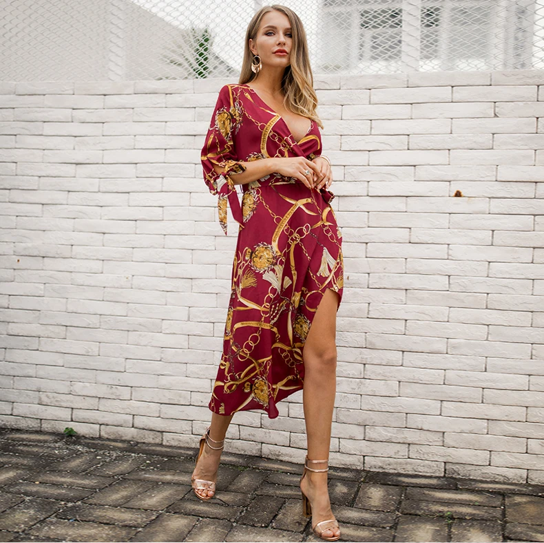Casual trendy fashion custom sexy women clothing wholesale cardigan side split maxi wrap dress    