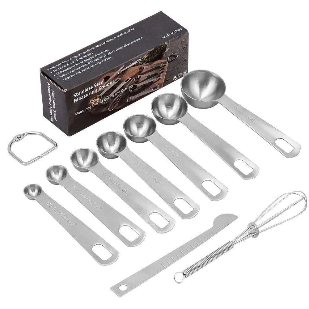 Stainless Steel Measuring Spoons Set Of 9 With Egg Whisk And Ruler ...