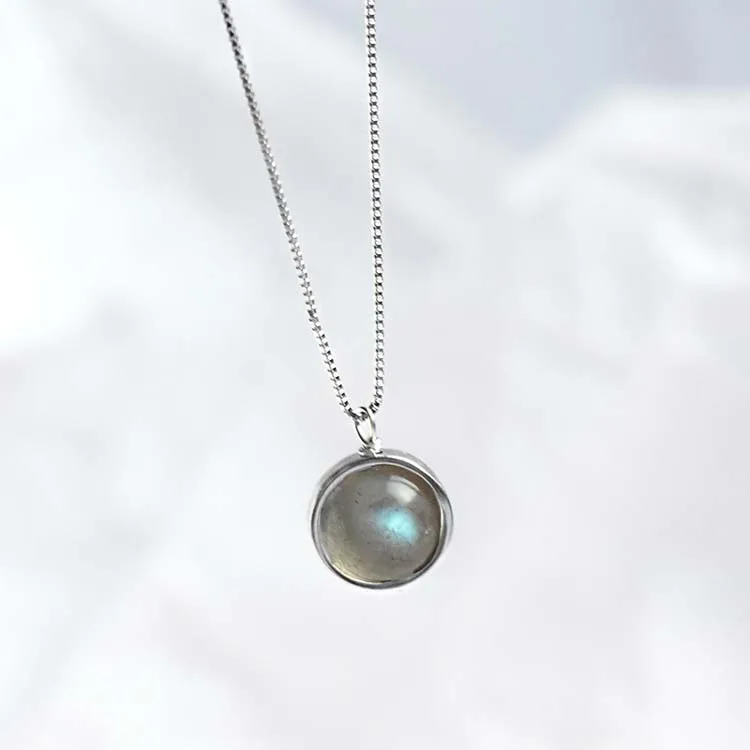 

Natural Crystal Round Labradorite Necklace Lucky 925 Silver Chain Pendant moonstone Necklace, Silver(as pic)