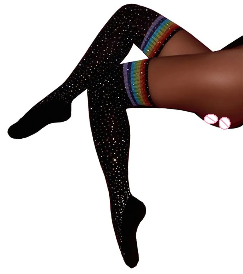 Women Winter Sexy Rhinestone high Socks Cable Knit Striped Stockings Girls Over Knee Leg Warmers