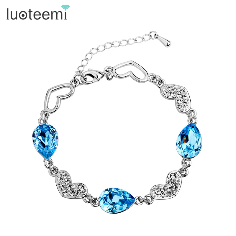Womens /& Girls 316L Stainless Steel Link Chain Bracelet with Shining Blue CZ Crystal Wedding Bracelet
