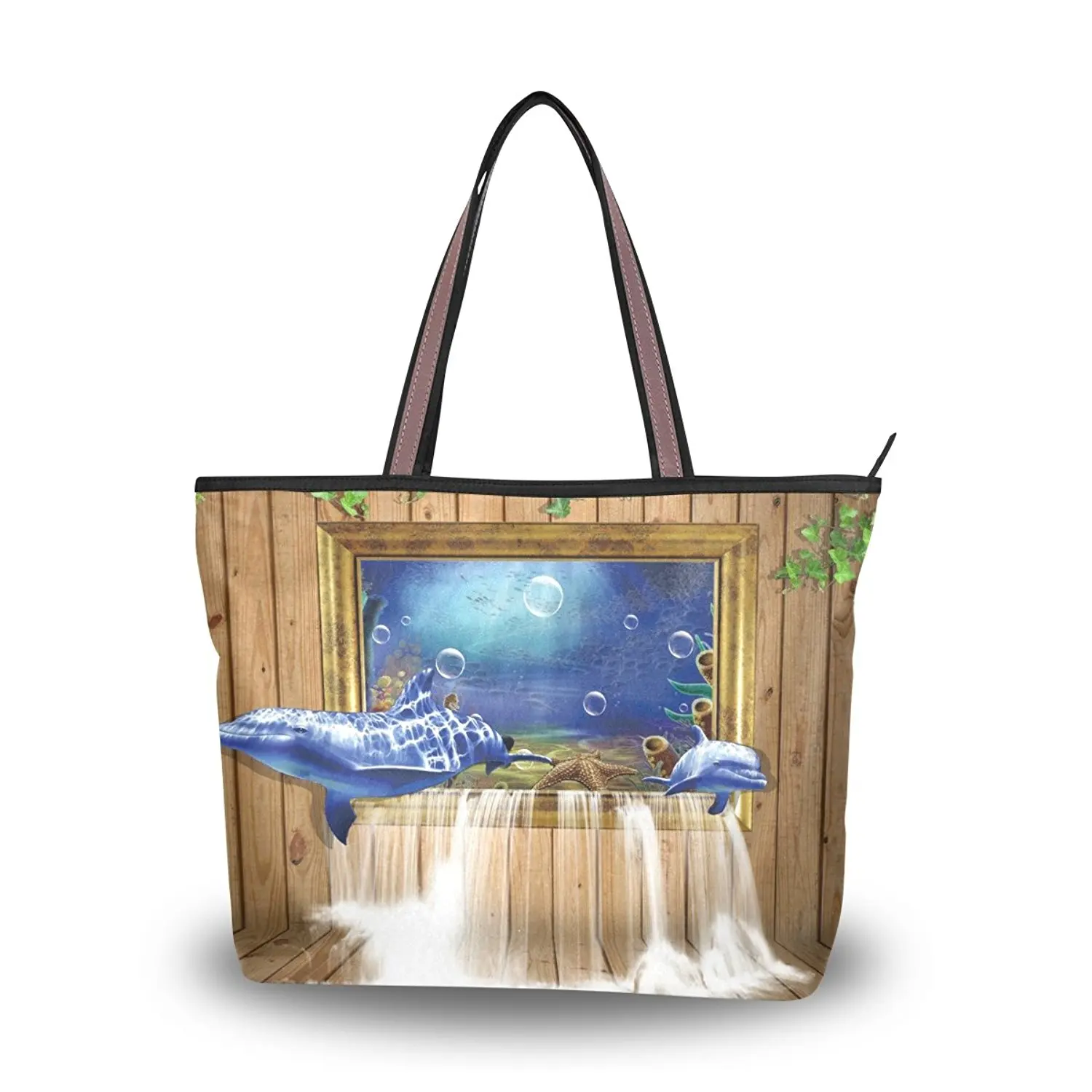 WIHVE Women's Shoulder Bag Satchel Handbags Dolphin Board Window Waterfall Travel Tote Purse