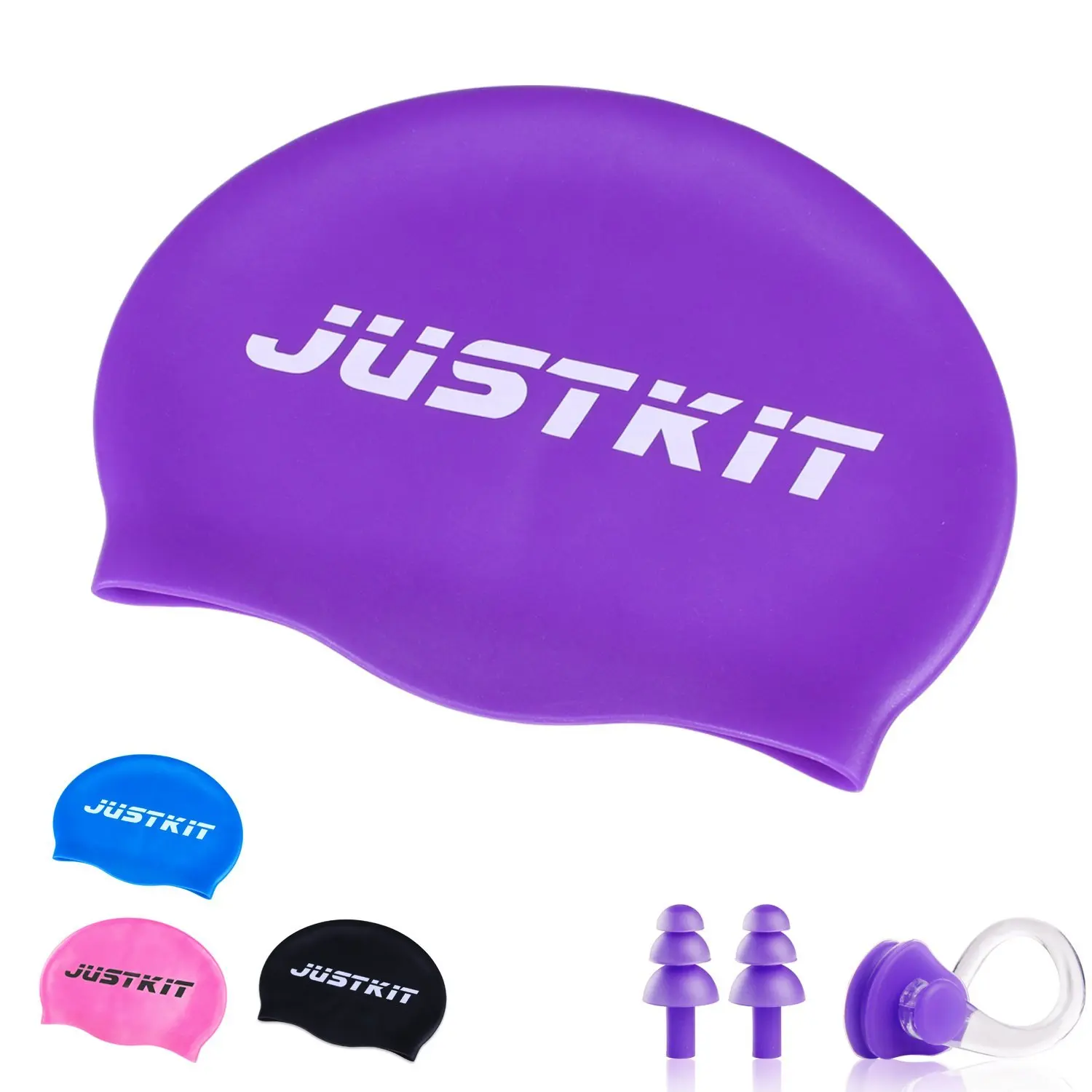 JUSTKIT Best Silicone Swim Cap-Waterproof No Slip Swimming Hat for Adults Women and Men-Swim Cap Set Includes Nose Clip And Ear Plugs-Perfect Bathing Cap for Casual Use, Competition & Training