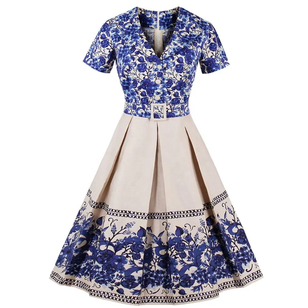 

Wholesales Women Lady Big Girls Dresses Party Cocktail Retro Swing Dress Shawl Collar Belt China Blue Floral Vintage Dress