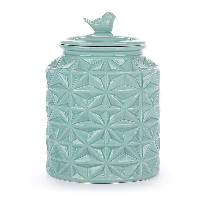 

Turquoise Vintage Ceramic Kitchen Flour Canister Cookie Jar with Bird Topped Lid, As show or customized