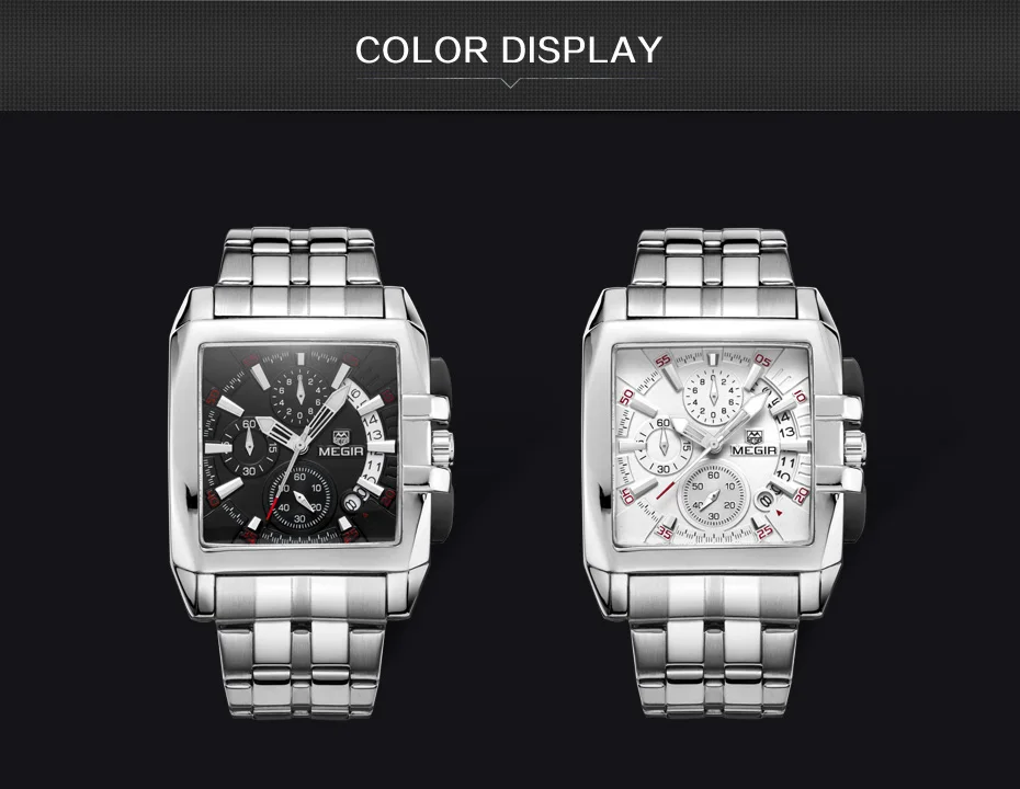 reloj Megir Big Dial Mens Square Quartz Wristwatches Stainless Steel Chronograph Mens Watch Luxury