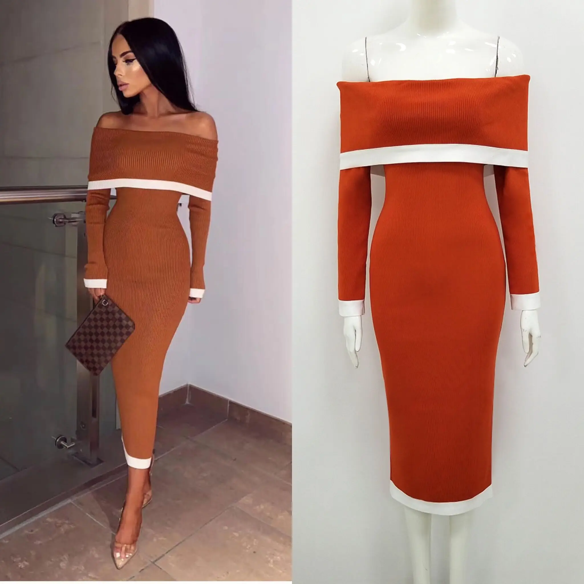 

Fashion Off the Shoulder Long Sleeve Women Celebrity Dropship Evening Party Bandage dresses