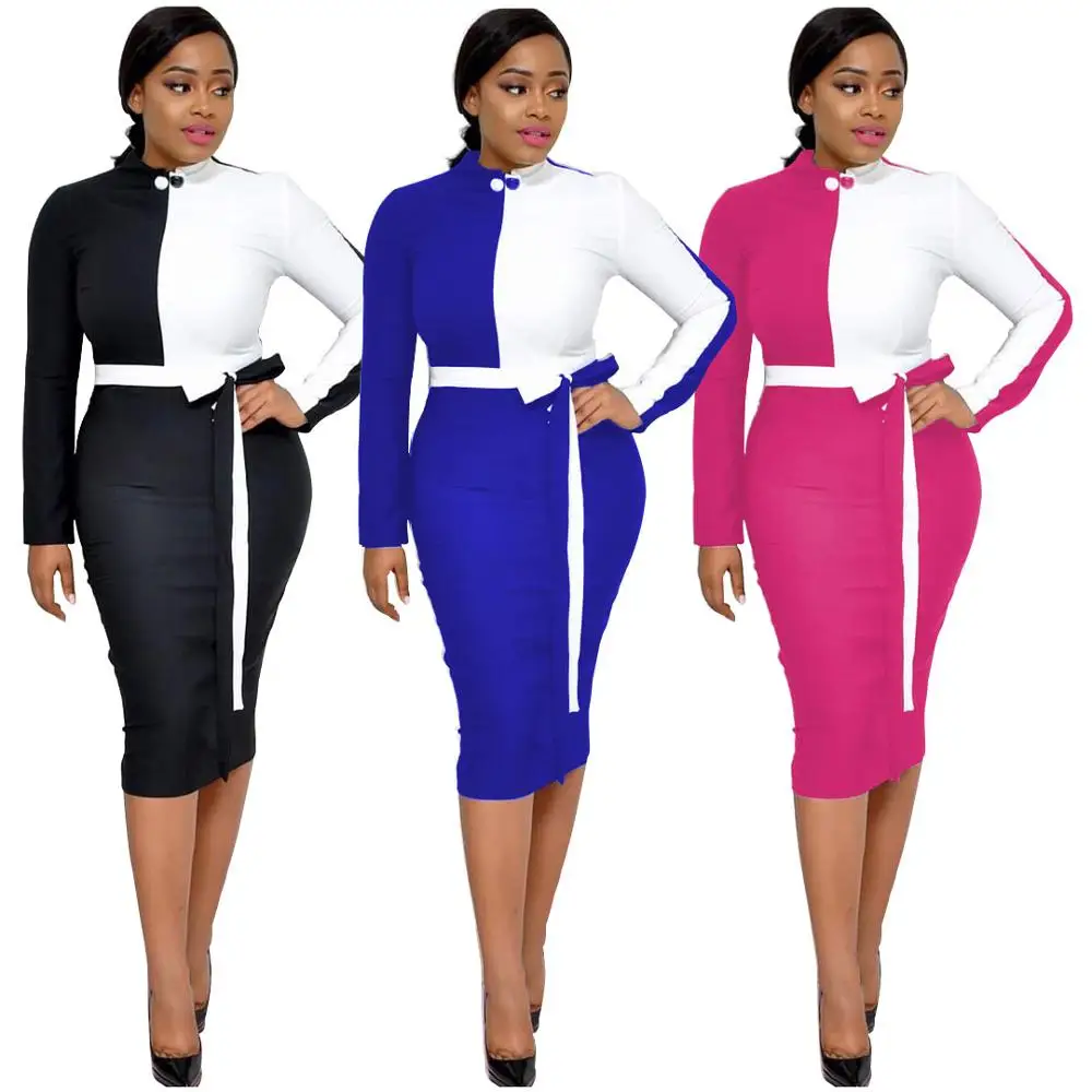 

F20400A 2019 new fashion patchwork with long sleeves with zipper OL dresses for women, Black;blue;rose red