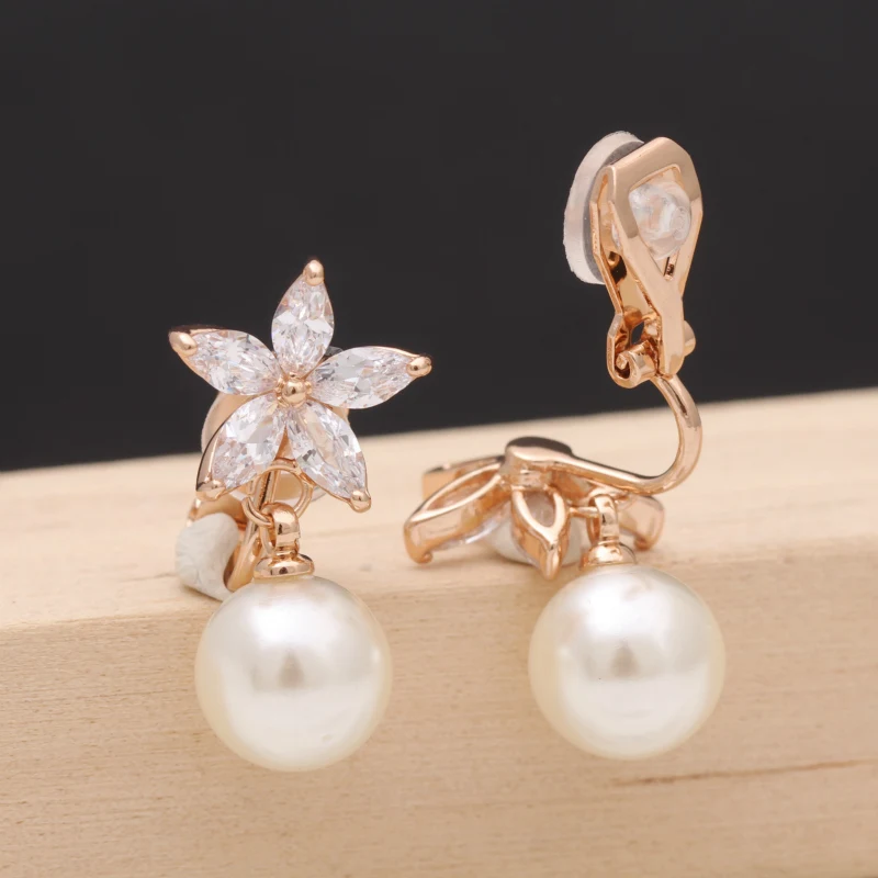 Gold/Silver color Crystal Flower Imitation Pearl Clip-on Earrings for Women Classic Design Fashion Jewelry