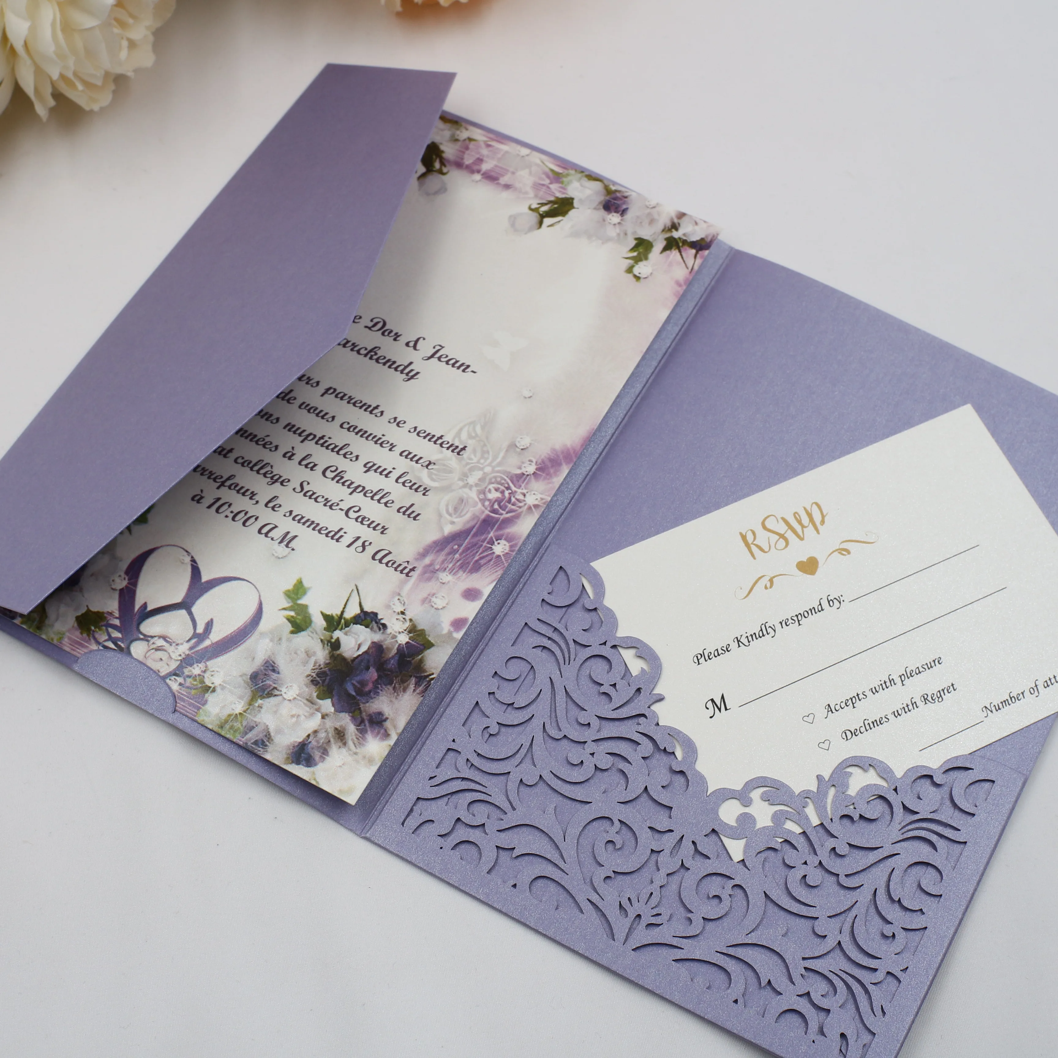 

Luxurious pocket violet wedding invitation card Laser Cut trifold invitations greeting Gift Cards For party birthday Decoration