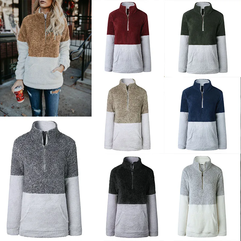 

Best Sale Long Sleeve Patchwork Cashmere Zipper Sweater Sherpa Hoodie Hoodies Women, 8 colors
