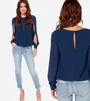 

New Design Long Split Sleeve Comfortable Blouse Fashion Back Spilt Chiffon Lady Top