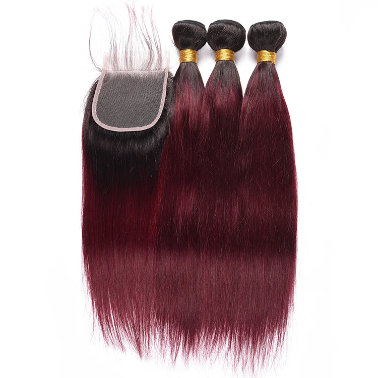 

Wholesale Virgin Hair Vendors 1b/99j Straight Human Hair Bundles With Closure, 1b/99j#