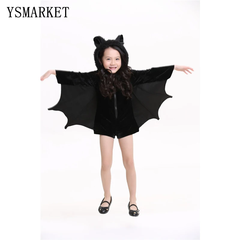 

New Child Animal Cosplay Cute Bat Costume Kids Halloween Costumes For Girls Black Zipper Jumpsuit Connect Wings Bat Girl Clothes