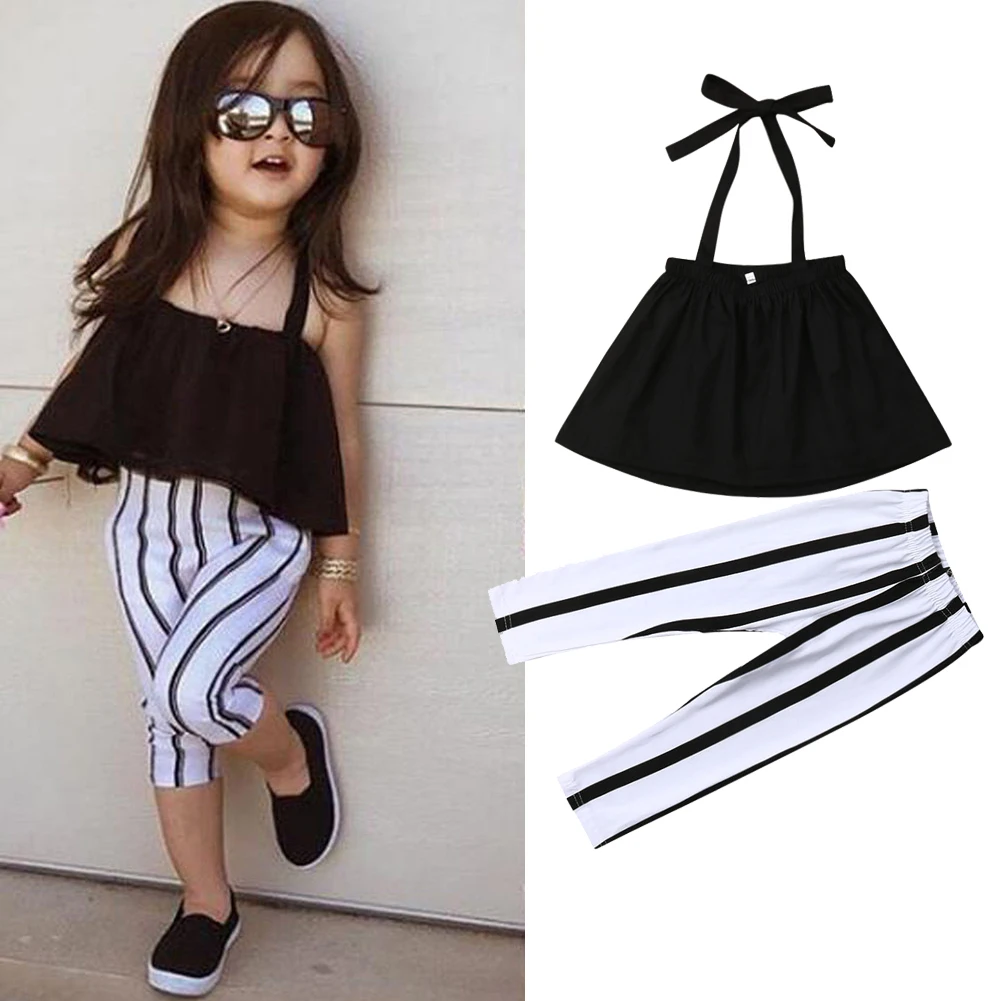 

Summer Girls Clothes Sets Children's Clothing Fashion Girl Shirt Black Top+Striped Pants Suits 2019 Kids Clothing 2pcs