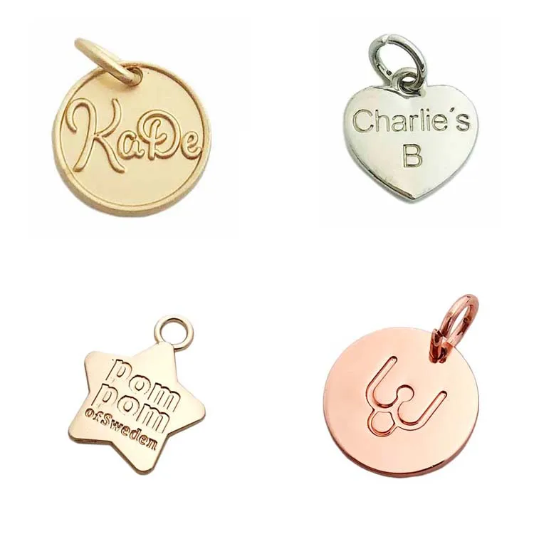 

Zinc alloy custom round shape gold logo engraving letters charms jewelry tags for pendant / bracelet, Gold or custom