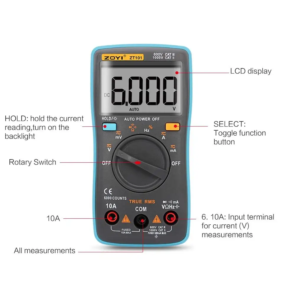 Zotek Portable Multimeter Zt-101 Auto Range Digital Multimeter True Rms ...