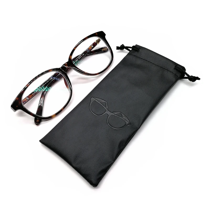 

Black PU Leather Glasses Drawstring Pouch With Embossed Logo Printed