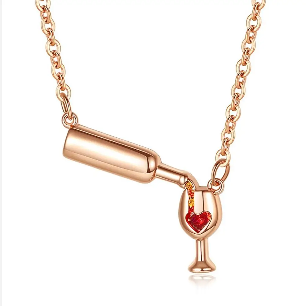 Women Jewelry Copper Rose Gold Necklace Red Zircon Wine Bottle Necklace