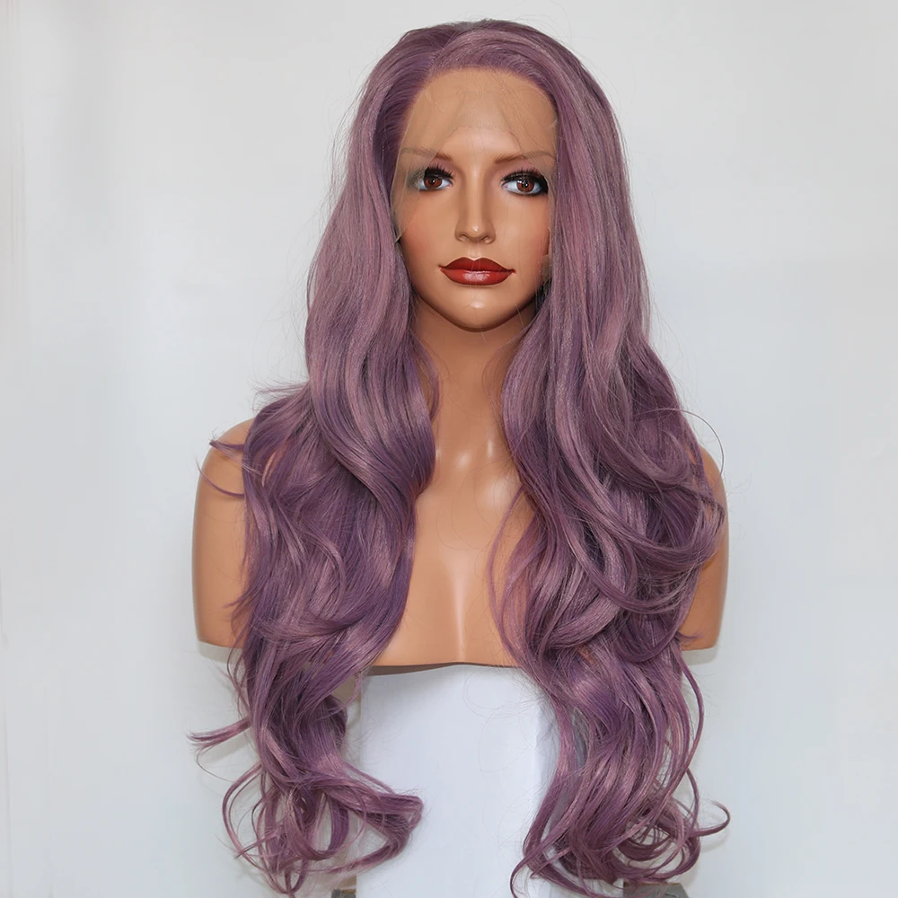 

Fantasy Beauty Side Part Purple Lace Front Wig Long Wavy Synthetic Fiber Glueless Wave Wig Hair Replacement Wigs 24 Inches, As picture