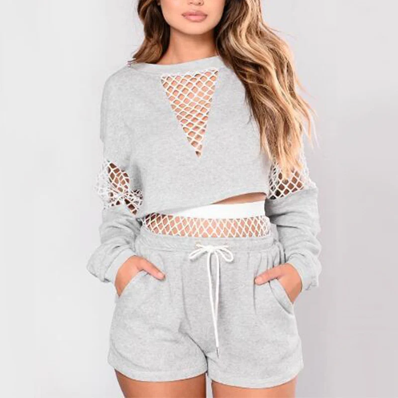 

Summer Fashion Women Tracksuits Casual 2 Piece Set Full Sleeve Sexy Mesh Patchwork Sportswear Crop Tops Short Pants E7807, N/a