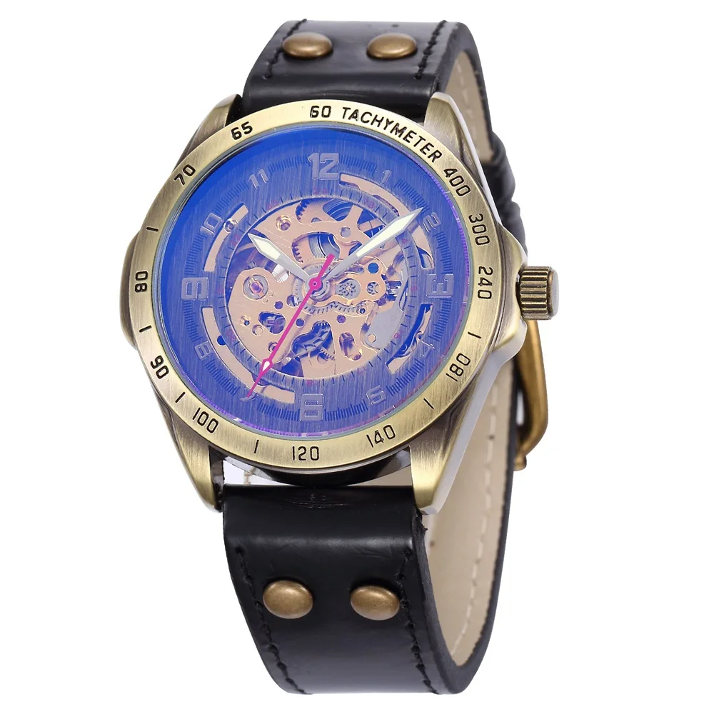 

SHENHUA 9581A Men Automatic Mechanical Watches Fashion Vintage Bronze Skeleton Leather Strap Wristwatch, 6 colors