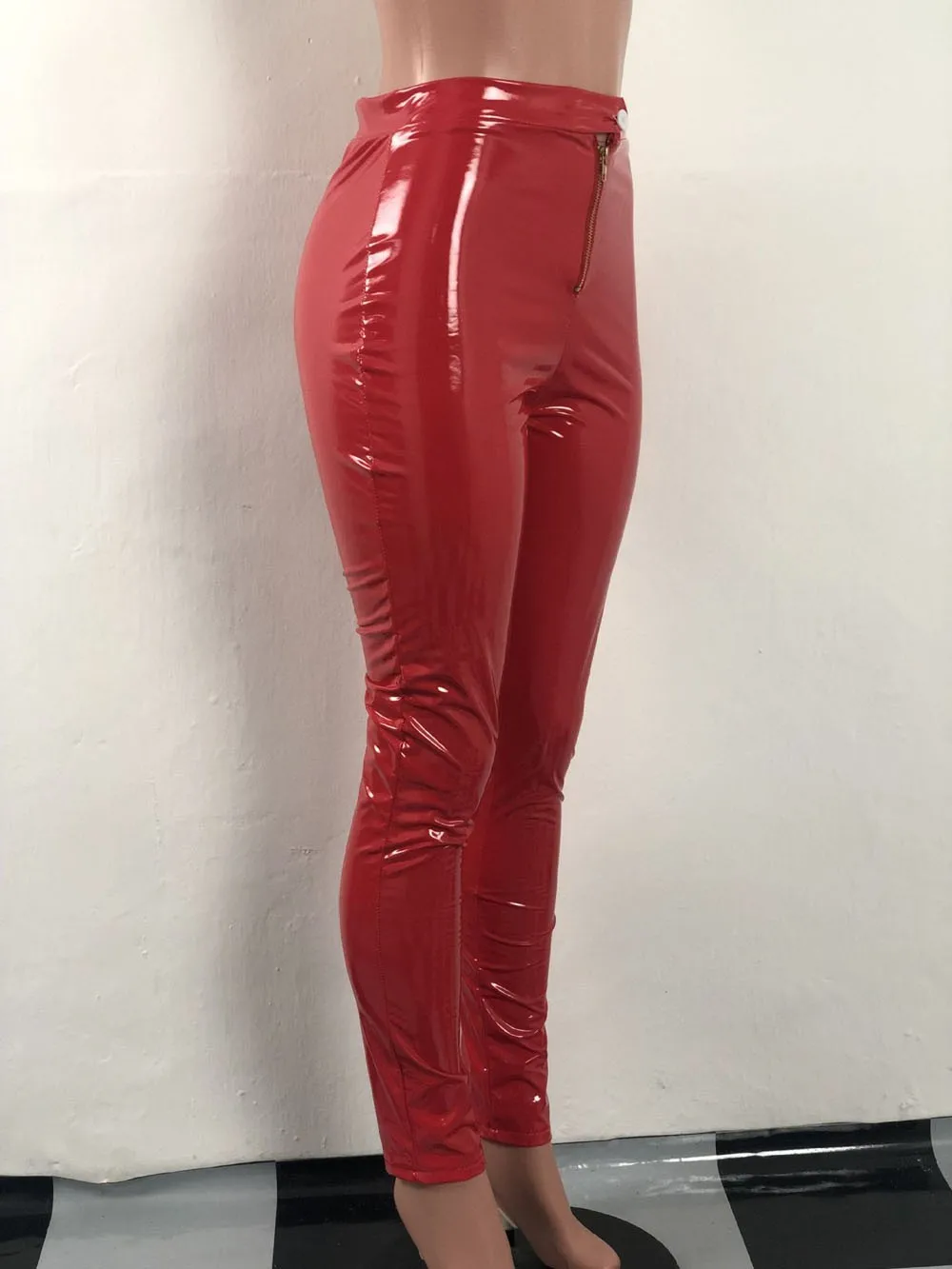 拉链细节高腰紧身 pu皮女裤