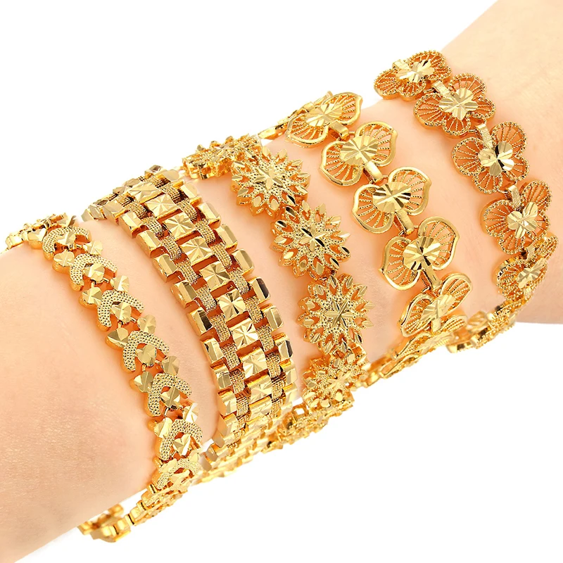 

Trendy Plated 24K Gold Multi shape Punk Bracelet Curb Cuban Chain Gold Color Bracelets Bangle For Men Women Jewelry Gifts, Glod