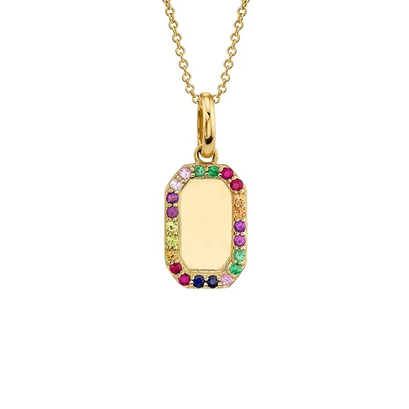 

14k gold jewelry wholesale rainbow rectangle pendant custom engraved dogtag necklace