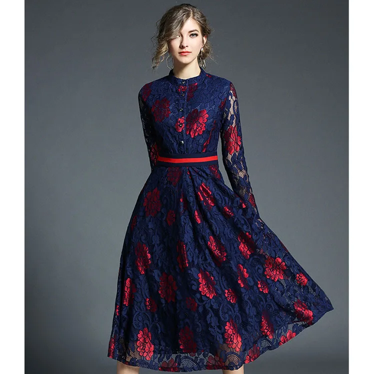 

Hot sale Ladies fashion big flower long lace dress