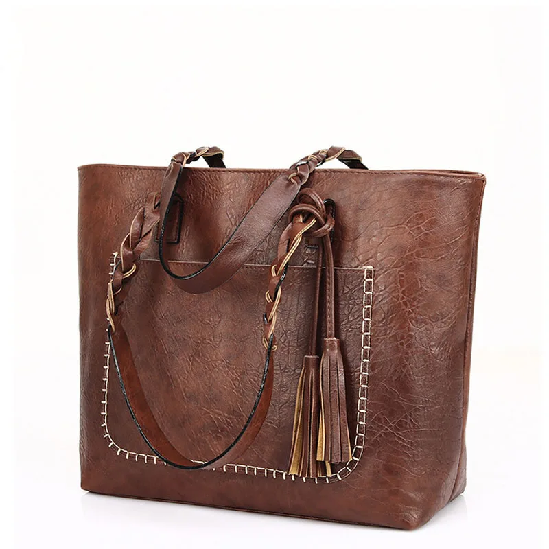 

Vintage Handbag Women Brown PU Leather Shoulder Bag Ladies Tote Large PU Handbags 2022 Fashion Big Black Bags Plain Leather