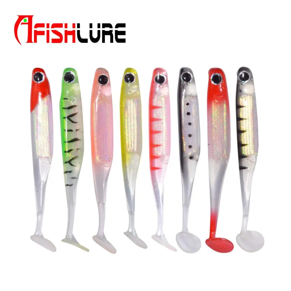 

T Tail Soft Lures Foil Embedded Artificial Bait Rainbow Fish 100mm 5g 4pcs/lot Soft Baits Fish Type Fishing Lures, Various color