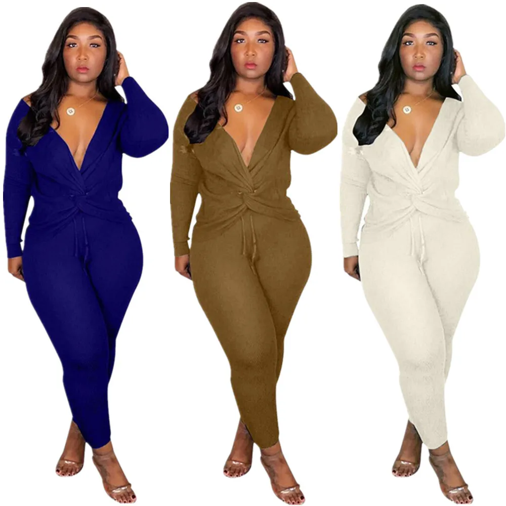 2019 latest LF3075 fashion cross front cleavage top and pants women two piece set