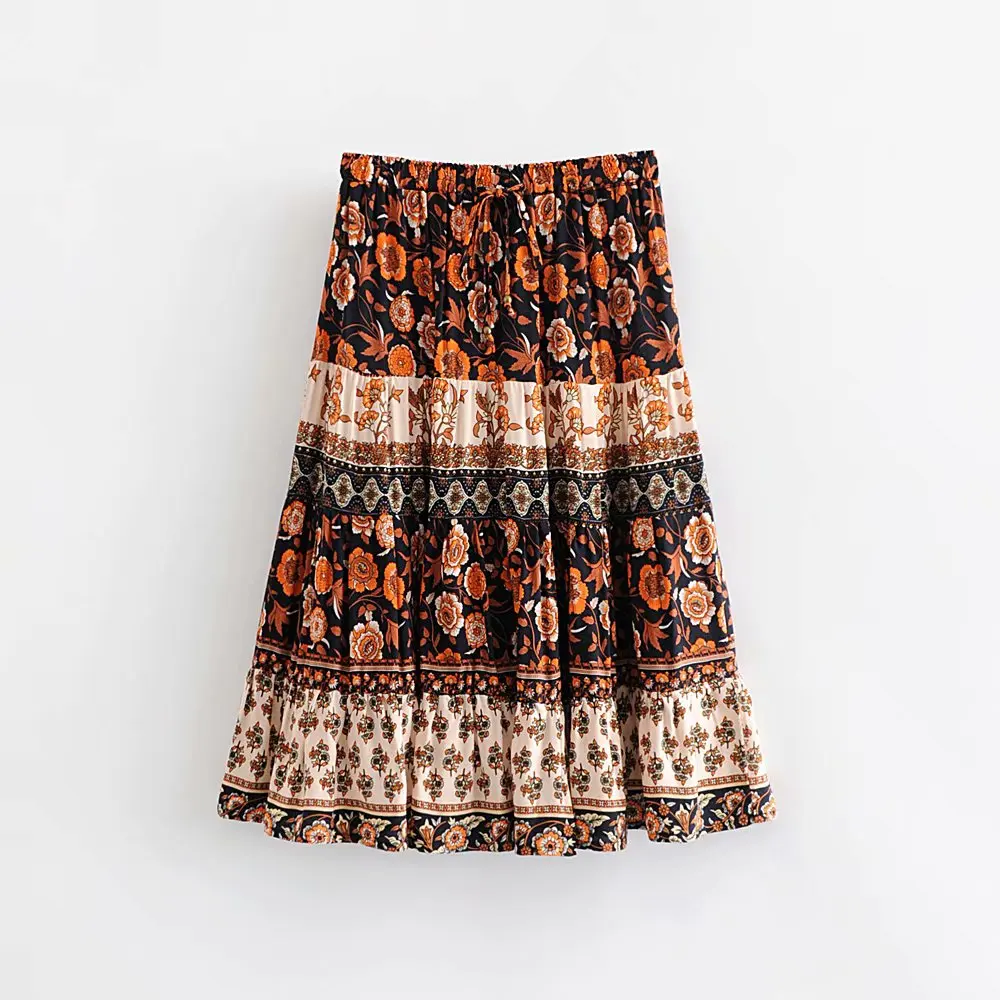 

New design comfortable elastic waist lace up floral printed women bohemian skirt with tops as set