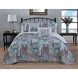5 Piece Girls Blue I Love Paris Quilt King Set Eiffel Tower Themed Bedding France Inspired Pattern Chic Pink Purple Teal Black Cream Grey Yellow