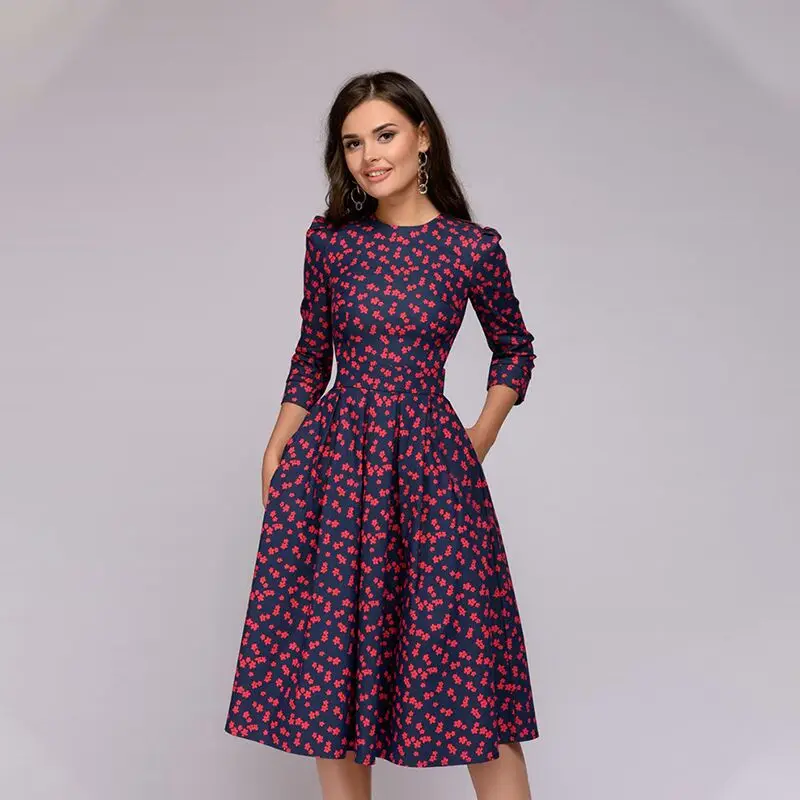 

New Women Elegent A-line Dress Vintage printing party vestidos Three Quarter Sleeves women Autumn Dress
