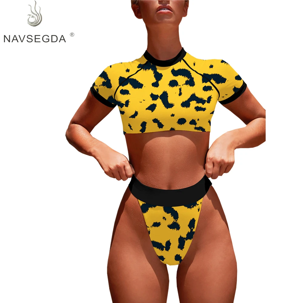 

NAVSEGDA 2019 Hot sale shirt top and long sleeve bikini high-waist leopard swimsuit, Yellow;blue;purple;leopard