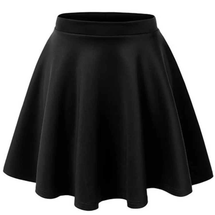 Women Basic Versatile Stretchy Pleated Black Ladies Mini Flare Skater Skirt