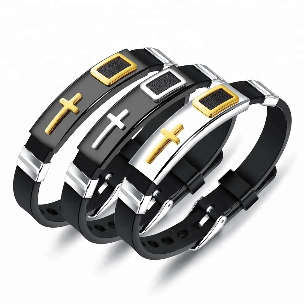 

Fashion gold plate cross charm bangle adjustable silicone bracelet, Gold;black