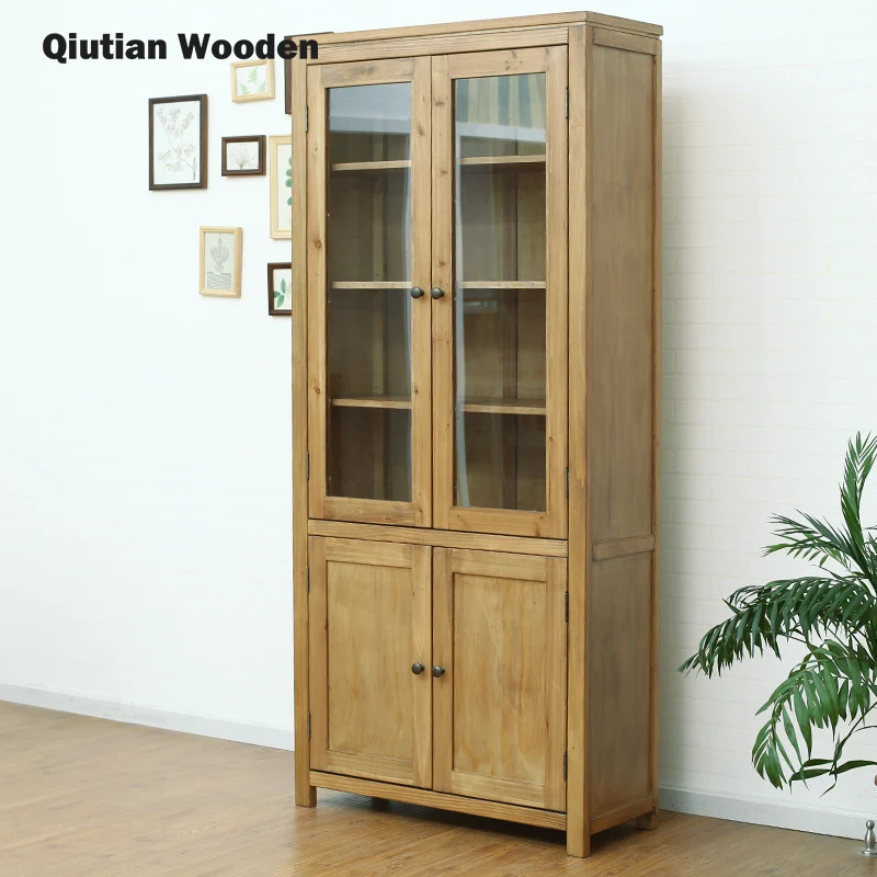 Solid Wood Small Bookshelf Pine Wood File Cabinet With Glass Door