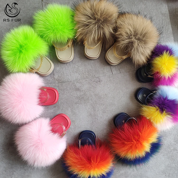 

Custom logo soft children baby fur slipper sandals fox fur slides for women and kids, Pink,yellow,white,black,green,or custom