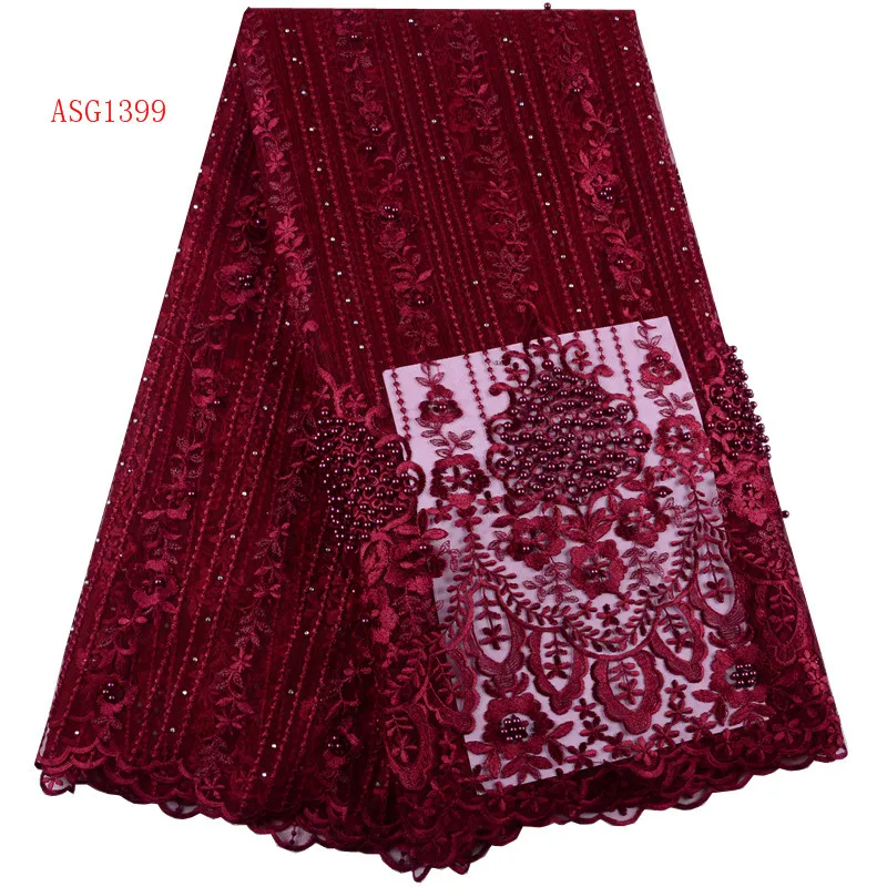 

Latest Wine African Beads Tulle Mesh Lace Fabric High Quality Lace Applique Nigerian French Net Lace Fabric For Wedding 1399