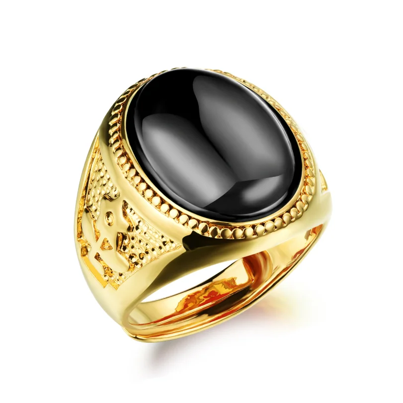 

Silver Gold Plate Copper Stainless Steel Ring Retro Style Black Agate Men's Punk  Ring, Picture